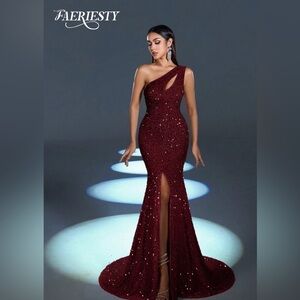FAERIESTY Sexy Wine Sequined embellishment One Shoulder Dress SZ XL